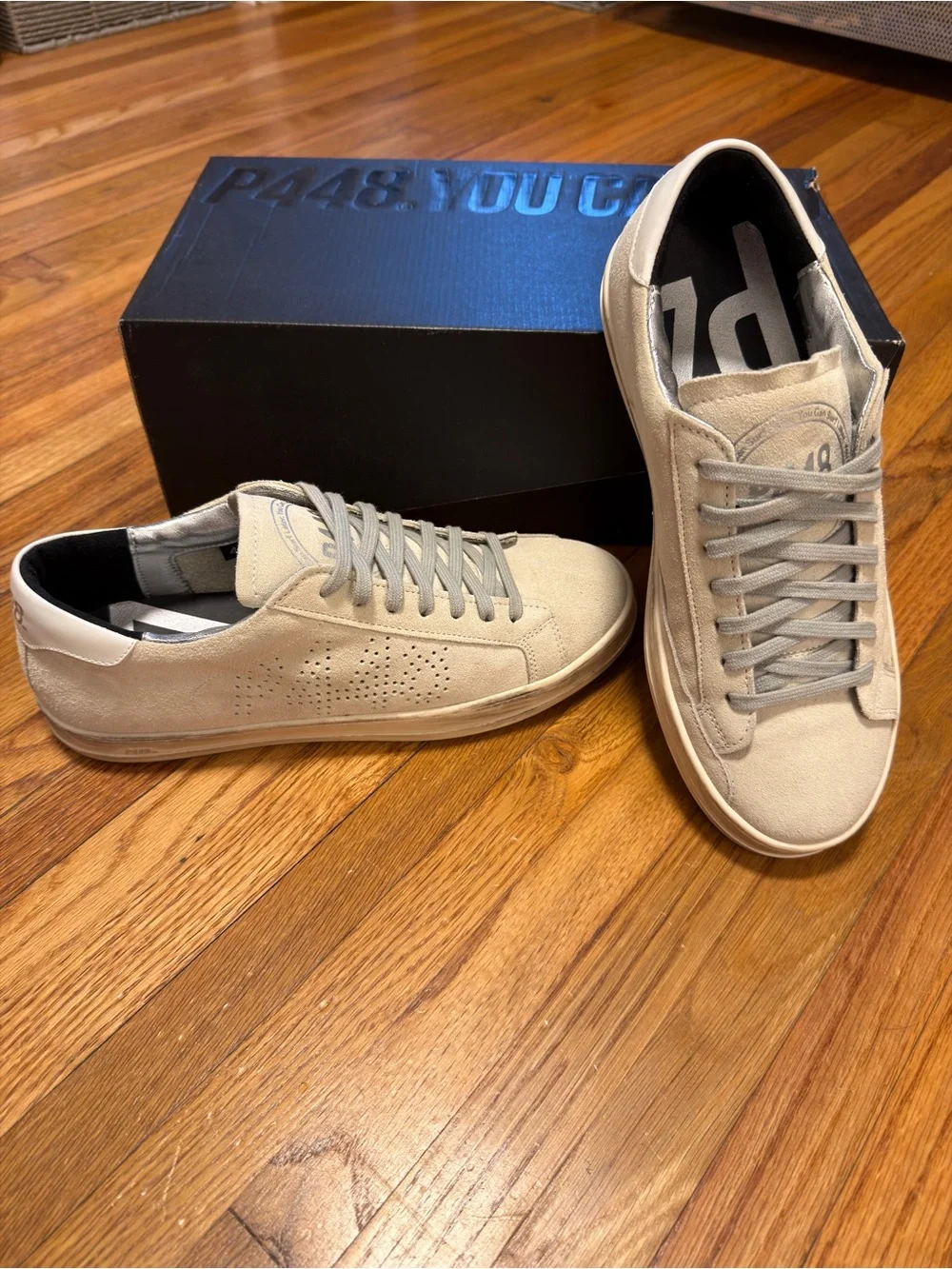 NWT P448 Men’s John Sneaker, Size 41 (8-8.5), Tan Beige White Suede
